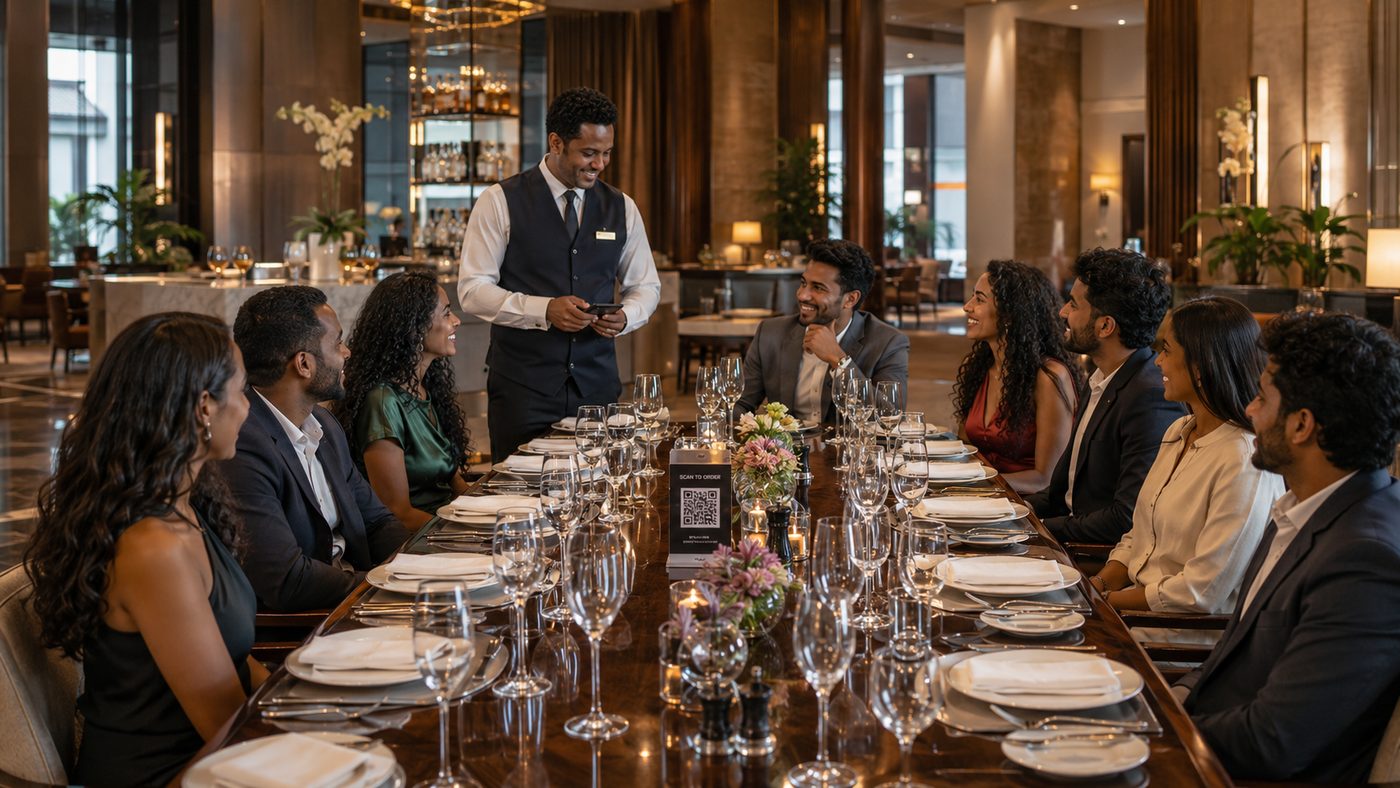A waiter taking an order at a hotel dining table with an ODRA QR stand