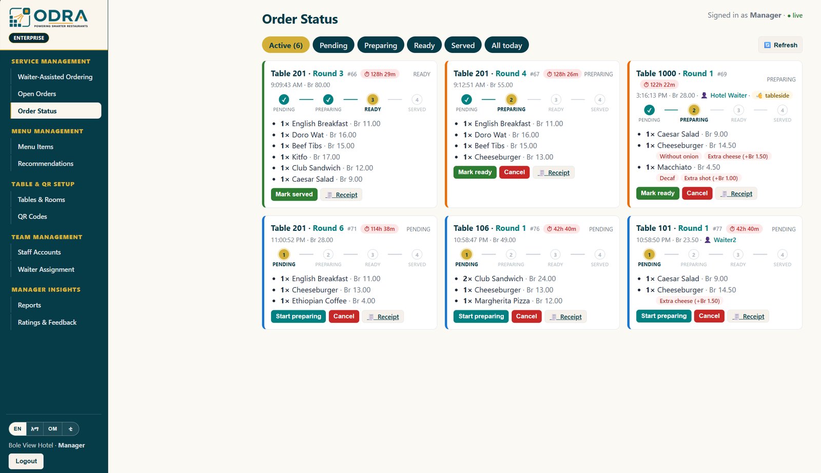 ODRA live kitchen and order-status dashboard